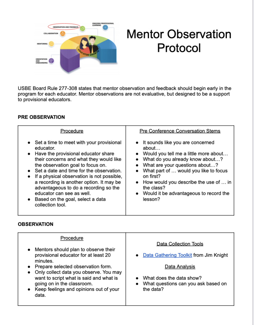 Mentor Observations Instructional Coaching